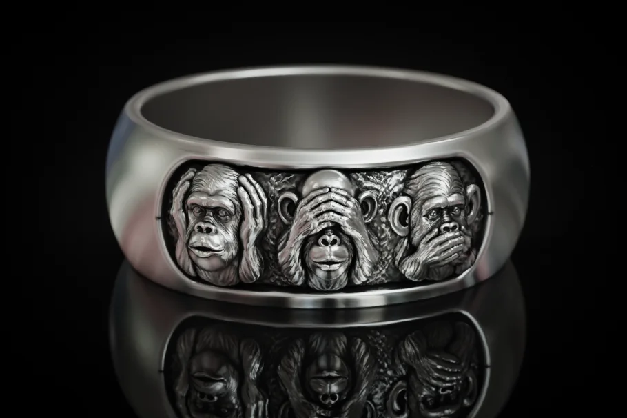 Three Wise Monkeys High-Relief Wide Band Ring