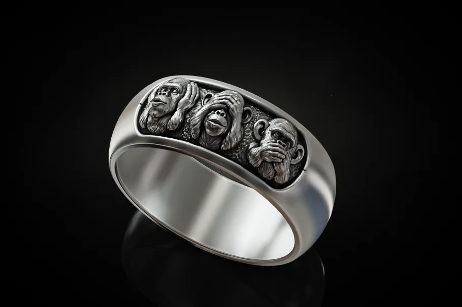 Three Wise Monkeys High-Relief Wide Band Ring — view 7