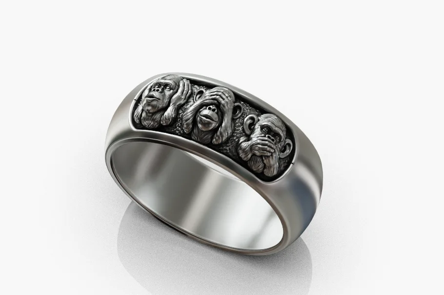 Three Wise Monkeys High-Relief Wide Band Ring — view 4