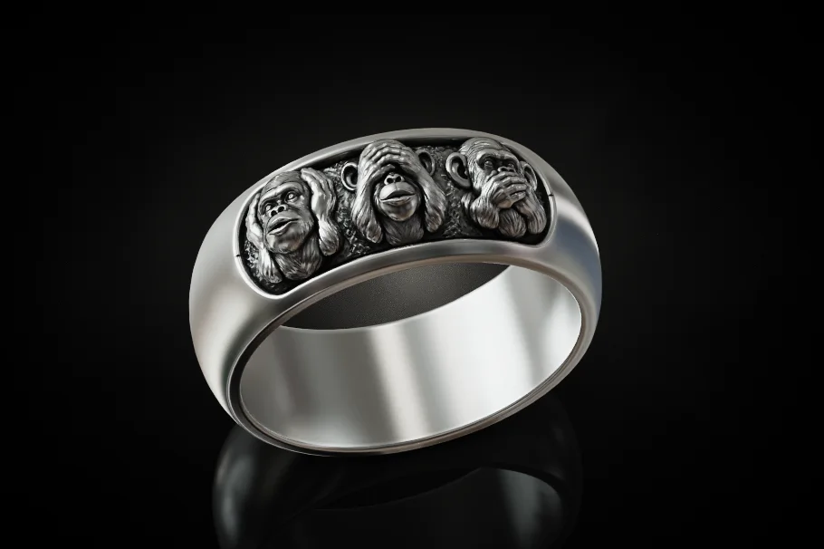 Three Wise Monkeys High-Relief Wide Band Ring — view 5