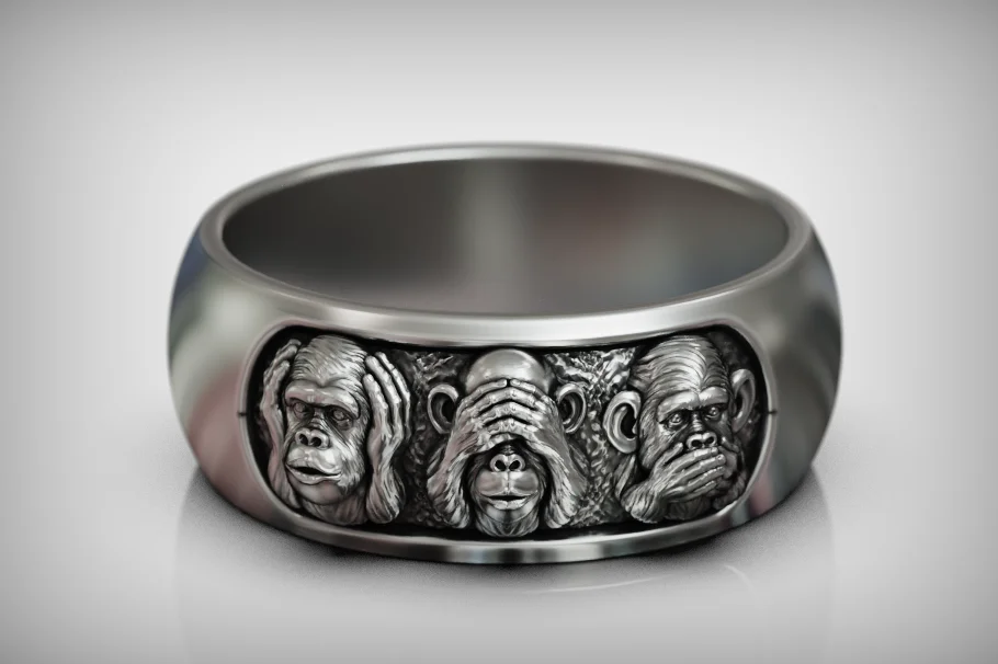 Three Wise Monkeys High-Relief Wide Band Ring — view 2