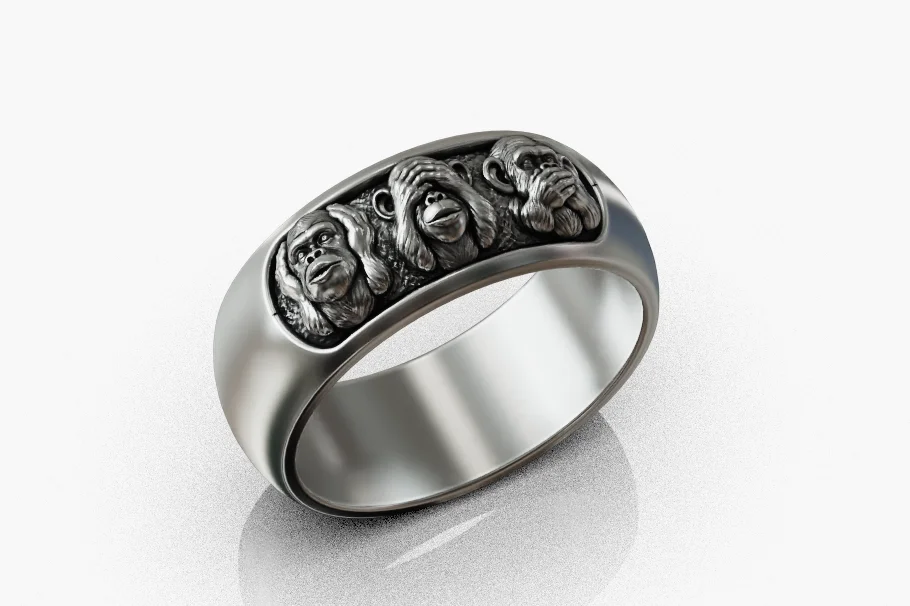 Three Wise Monkeys High-Relief Wide Band Ring — view 6