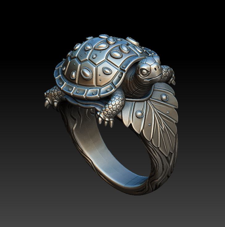 Detailed Sculptural Turtle Ring with Leaf Shoulders — view 7