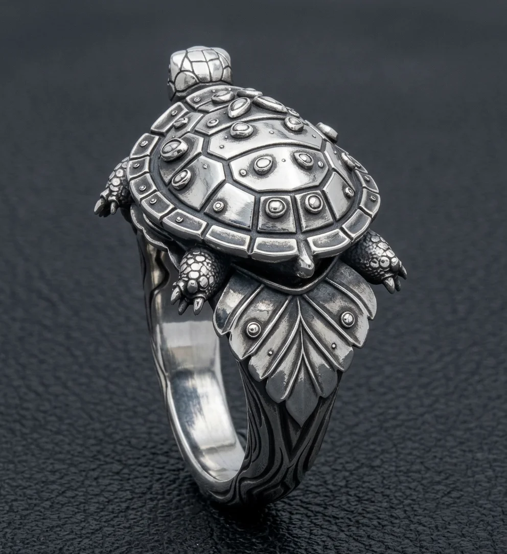 Detailed Sculptural Turtle Ring with Leaf Shoulders — view 3