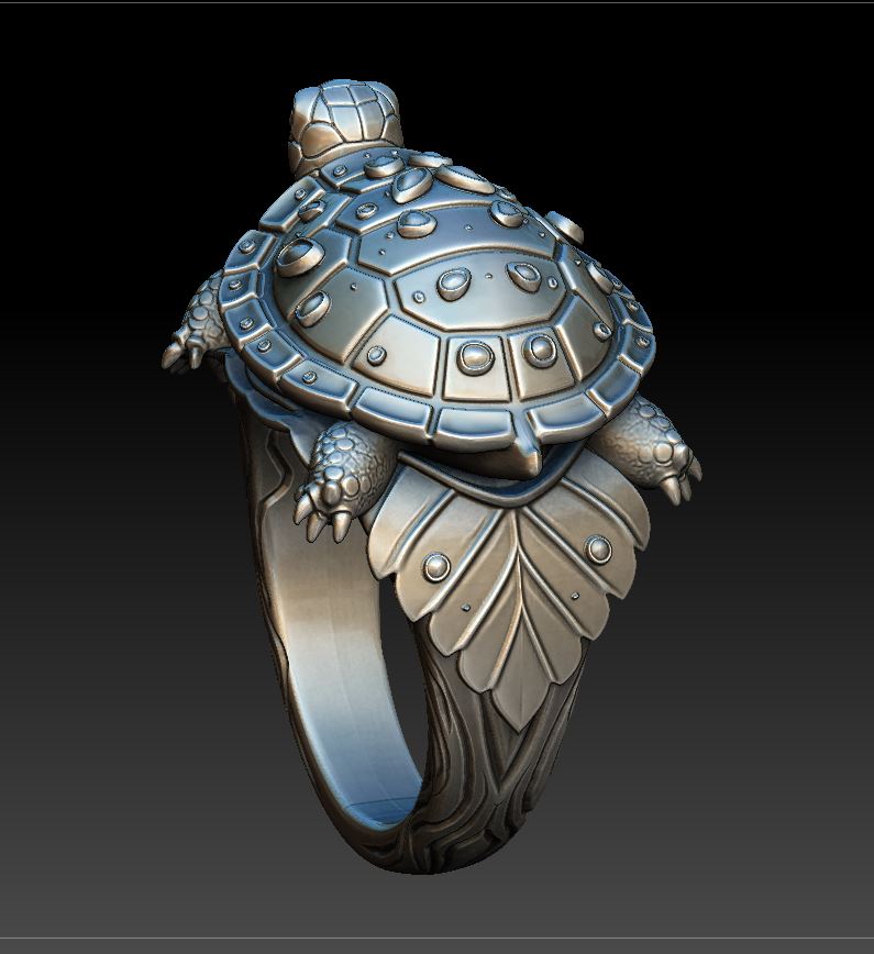 Detailed Sculptural Turtle Ring with Leaf Shoulders — view 6