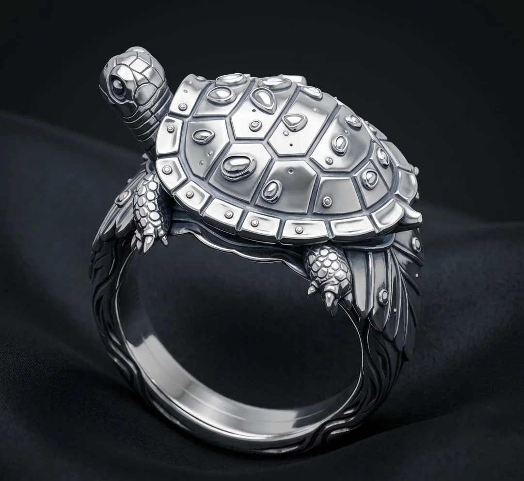 Detailed Sculptural Turtle Ring with Leaf Shoulders — view 2