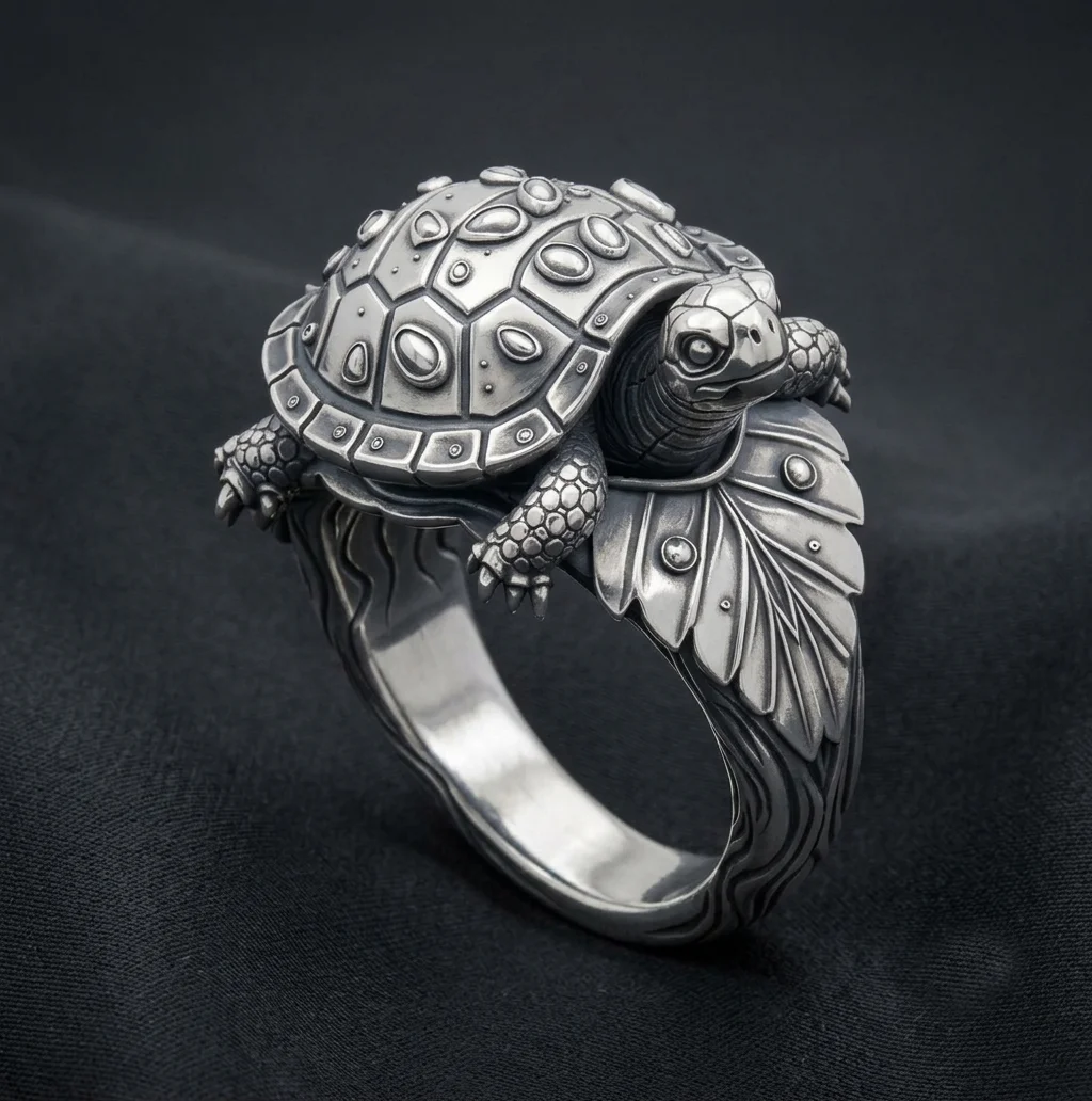 Detailed Sculptural Turtle Ring with Leaf Shoulders