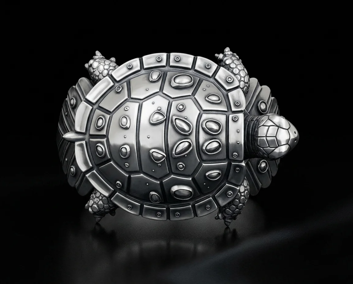 Detailed Sculptural Turtle Ring with Leaf Shoulders — view 4