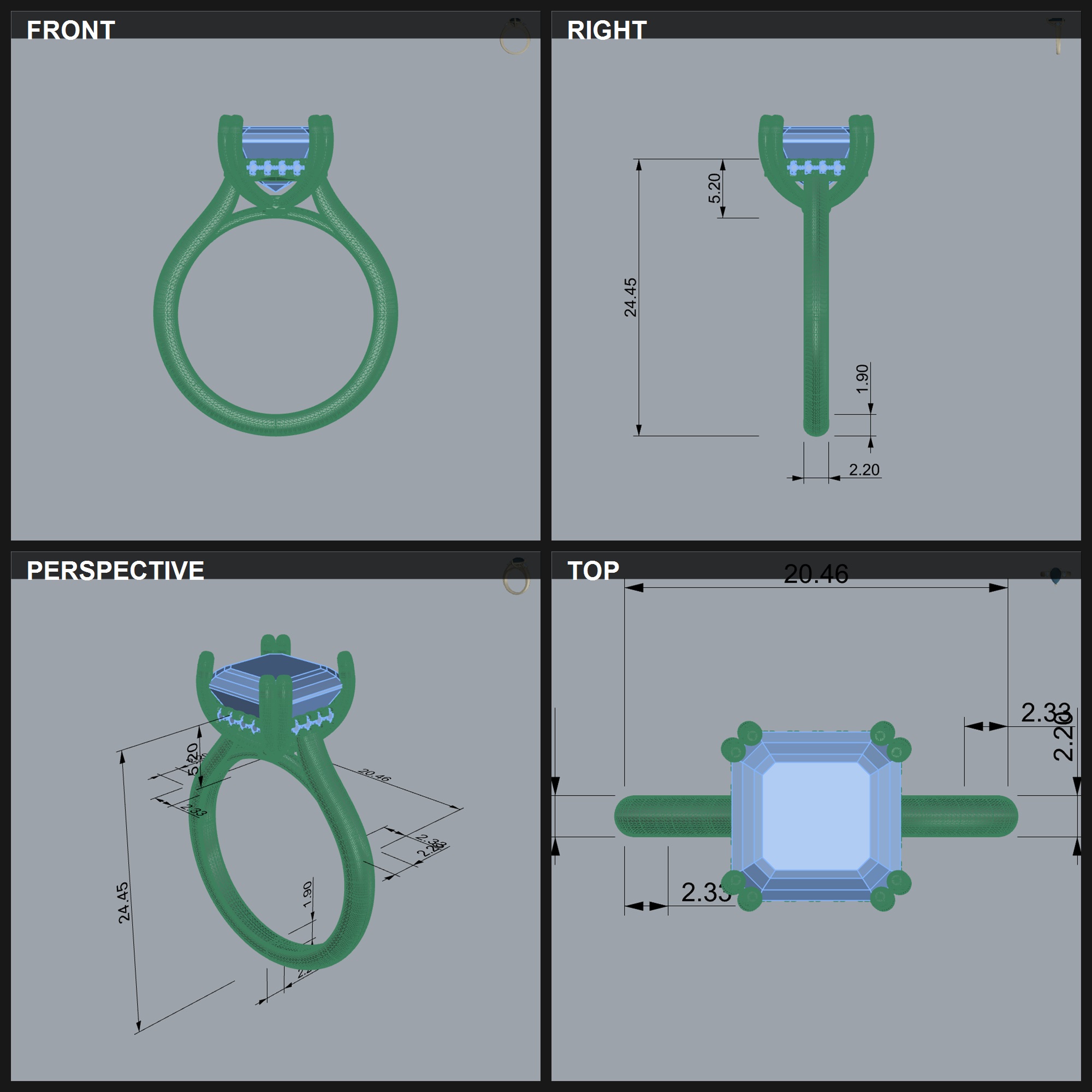 Solitaire Ring Square Diamond Beaded Shank — view 2