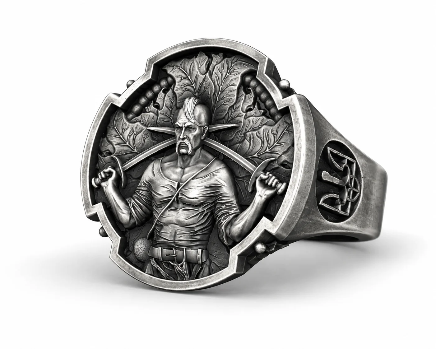 Cossack Warrior Relief Signet Ring with Tryzub Shoulders