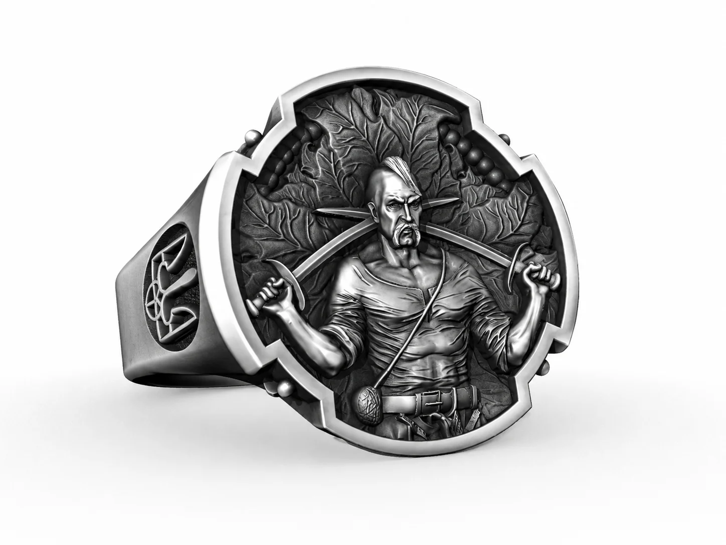 Cossack Warrior Relief Signet Ring with Tryzub Shoulders — view 2