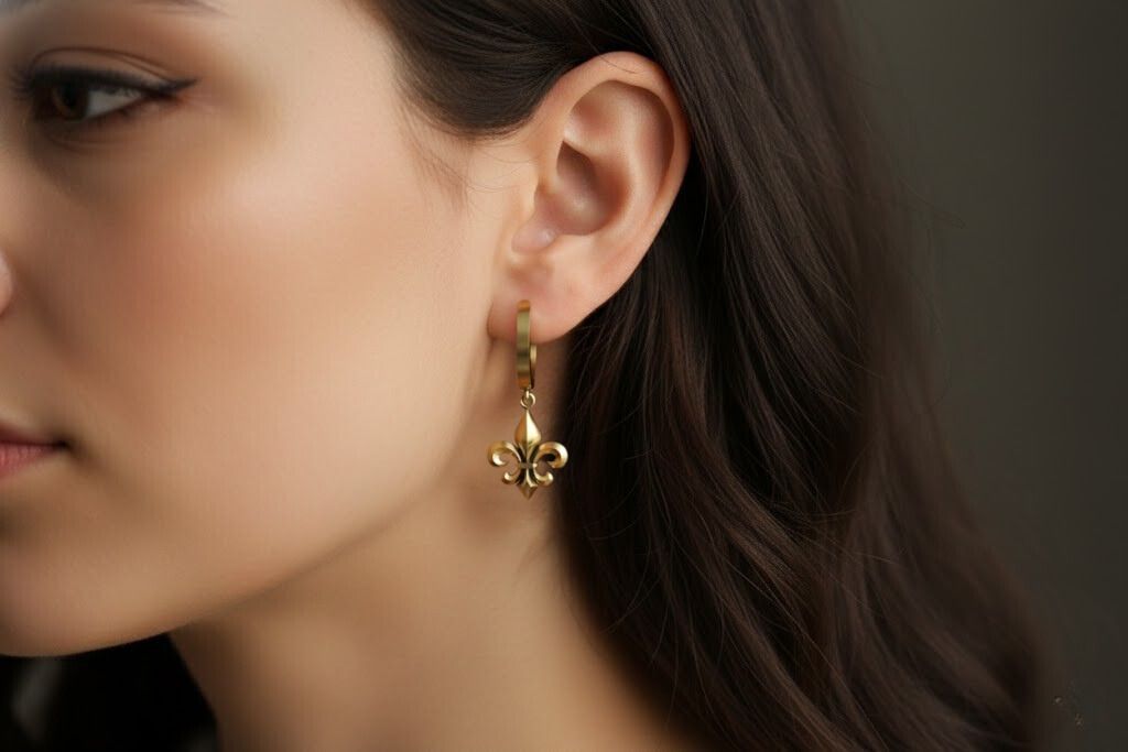 Fleur-de-Lis Dangle Huggie Earrings — view 2