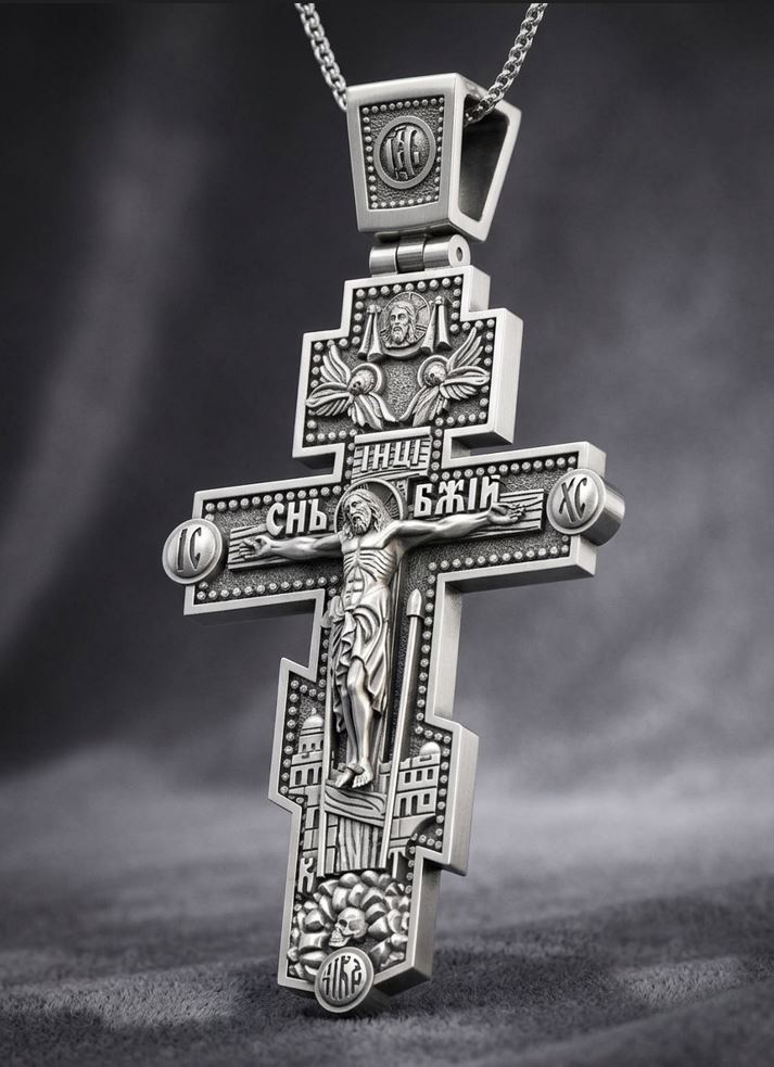 Detailed Orthodox Crucifixion Relief Cross Pendant Prayer — view 2