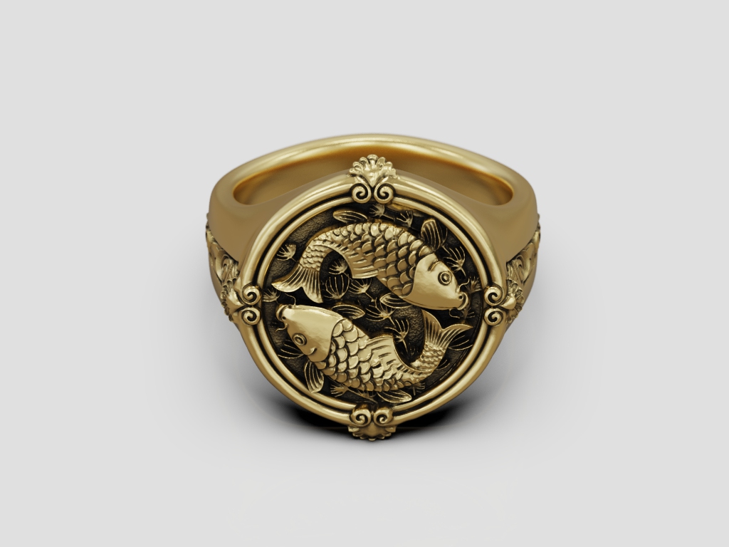 Circular Signet Ring with Pisces Koi Fish Relief — view 8