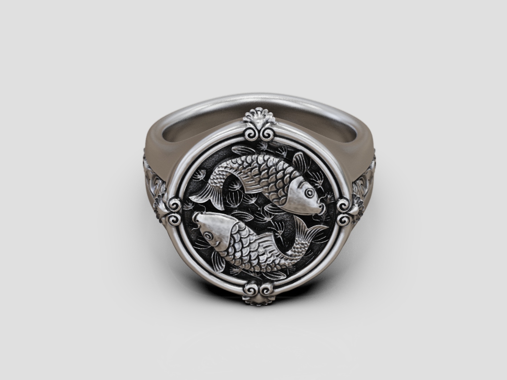 Circular Signet Ring with Pisces Koi Fish Relief — view 7