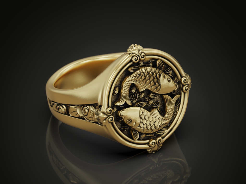 Circular Signet Ring with Pisces Koi Fish Relief — view 4