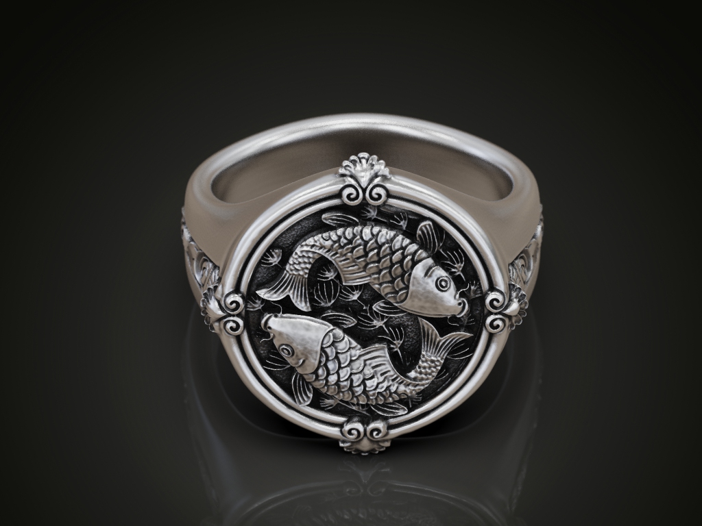 Circular Signet Ring with Pisces Koi Fish Relief — view 2