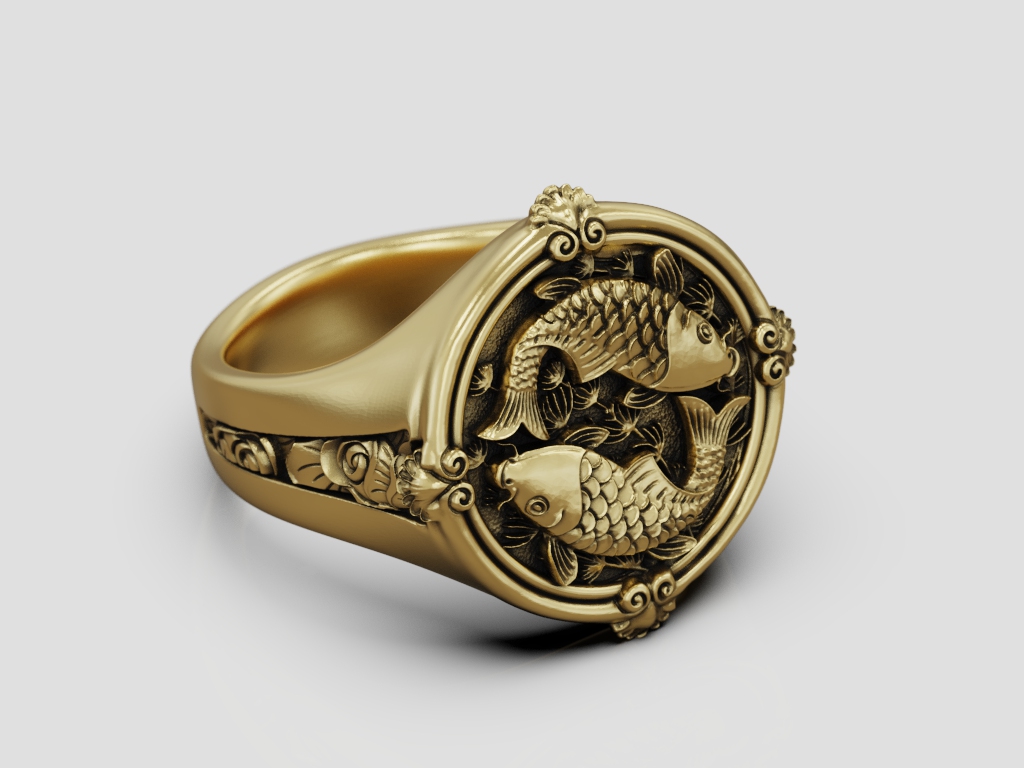 Circular Signet Ring with Pisces Koi Fish Relief — view 6