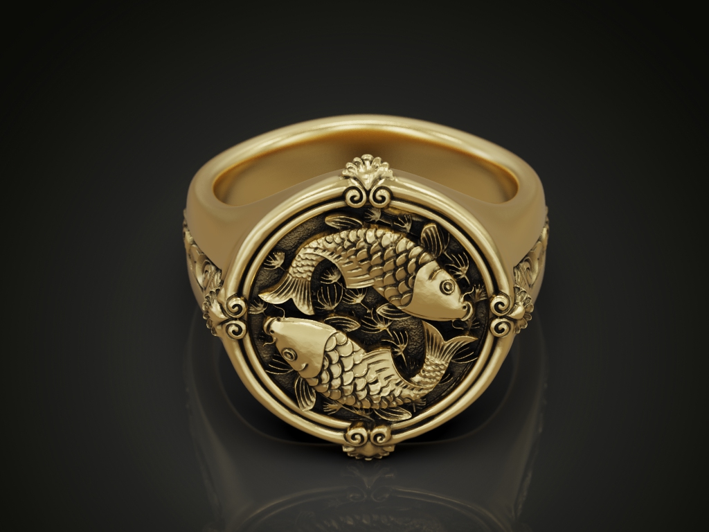 Circular Signet Ring with Pisces Koi Fish Relief — view 3