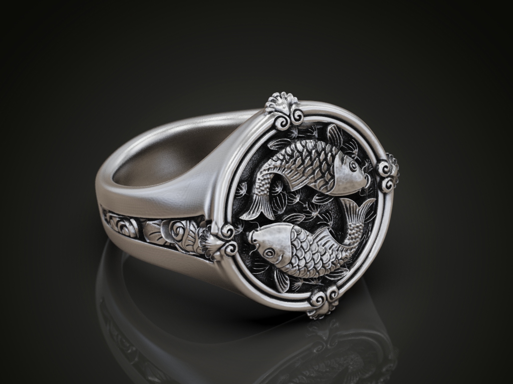 Circular Signet Ring with Pisces Koi Fish Relief