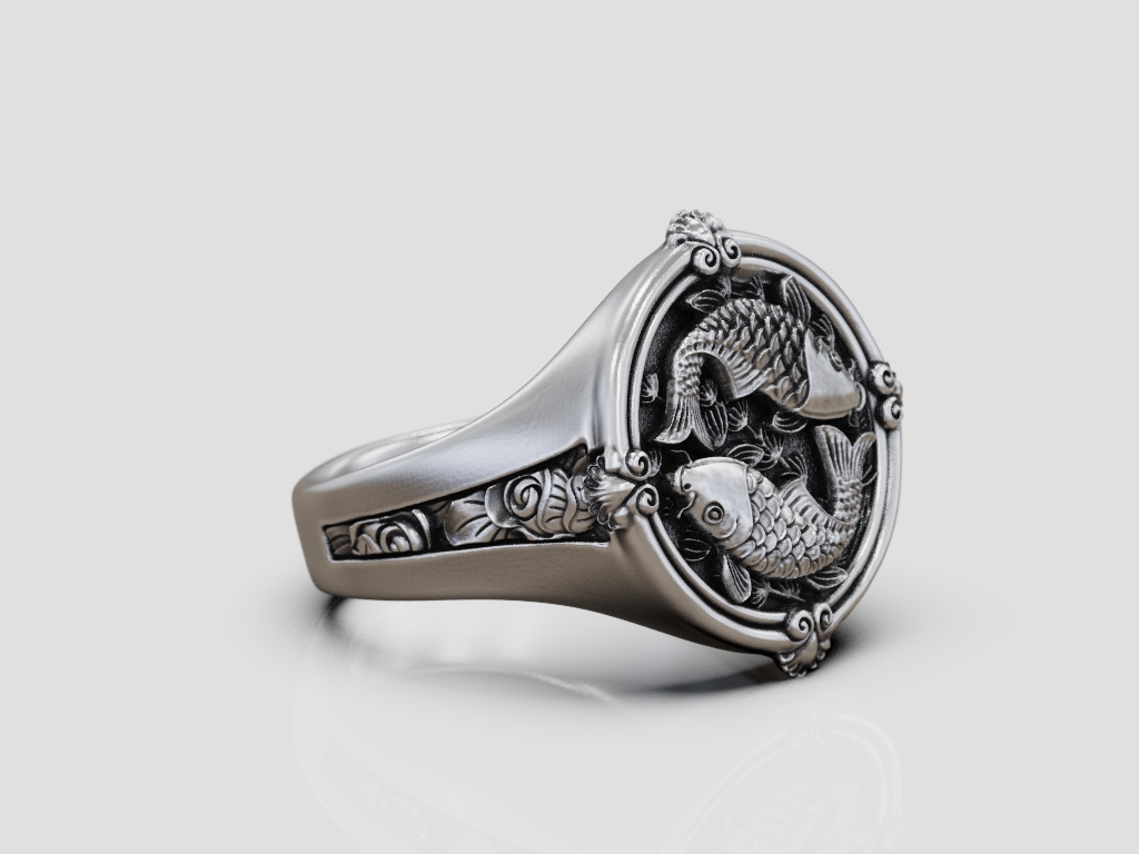 Circular Signet Ring with Pisces Koi Fish Relief — view 5