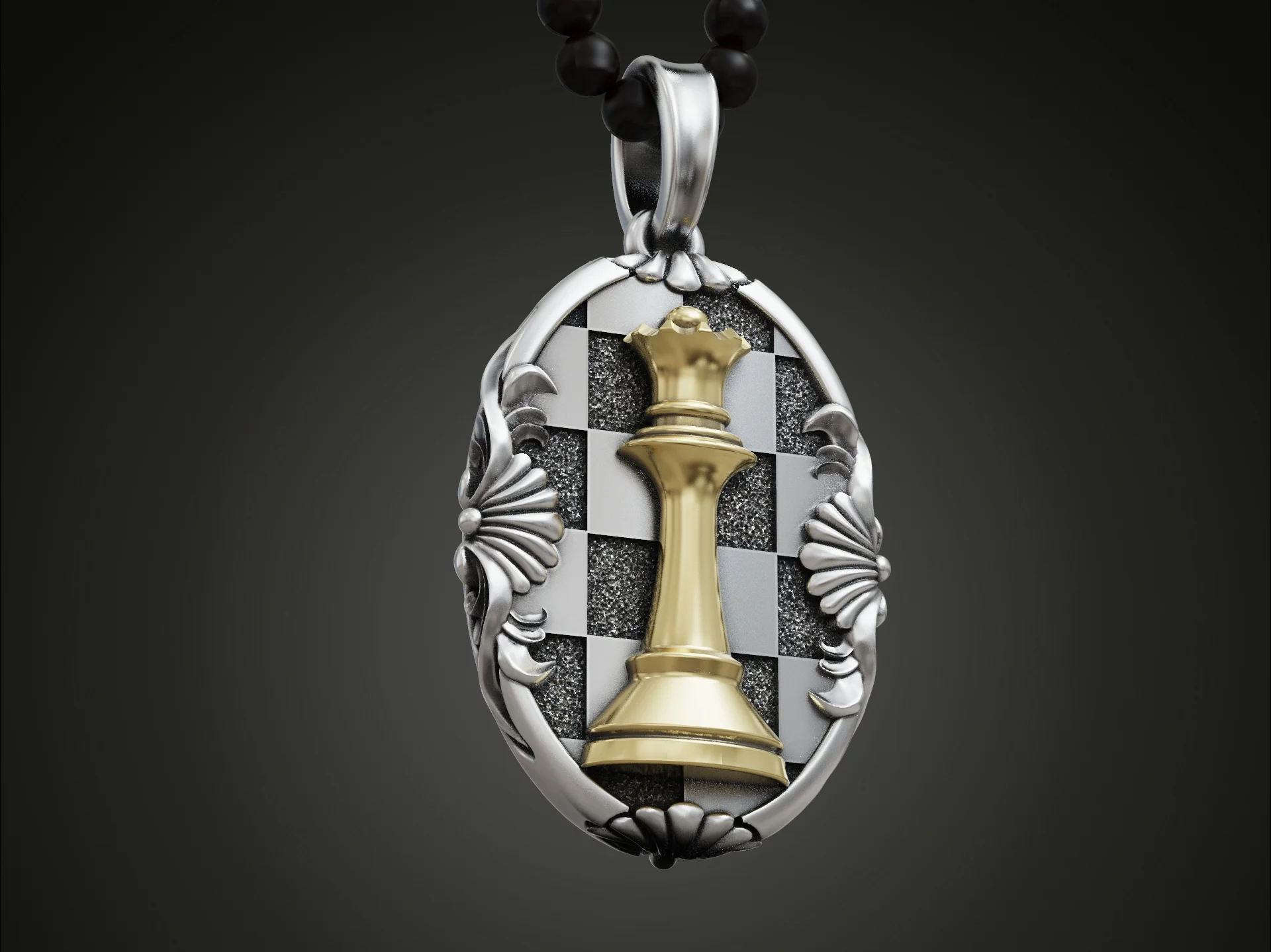 Ornate Chess Queen Pendant with Checkerboard Frame — view 2