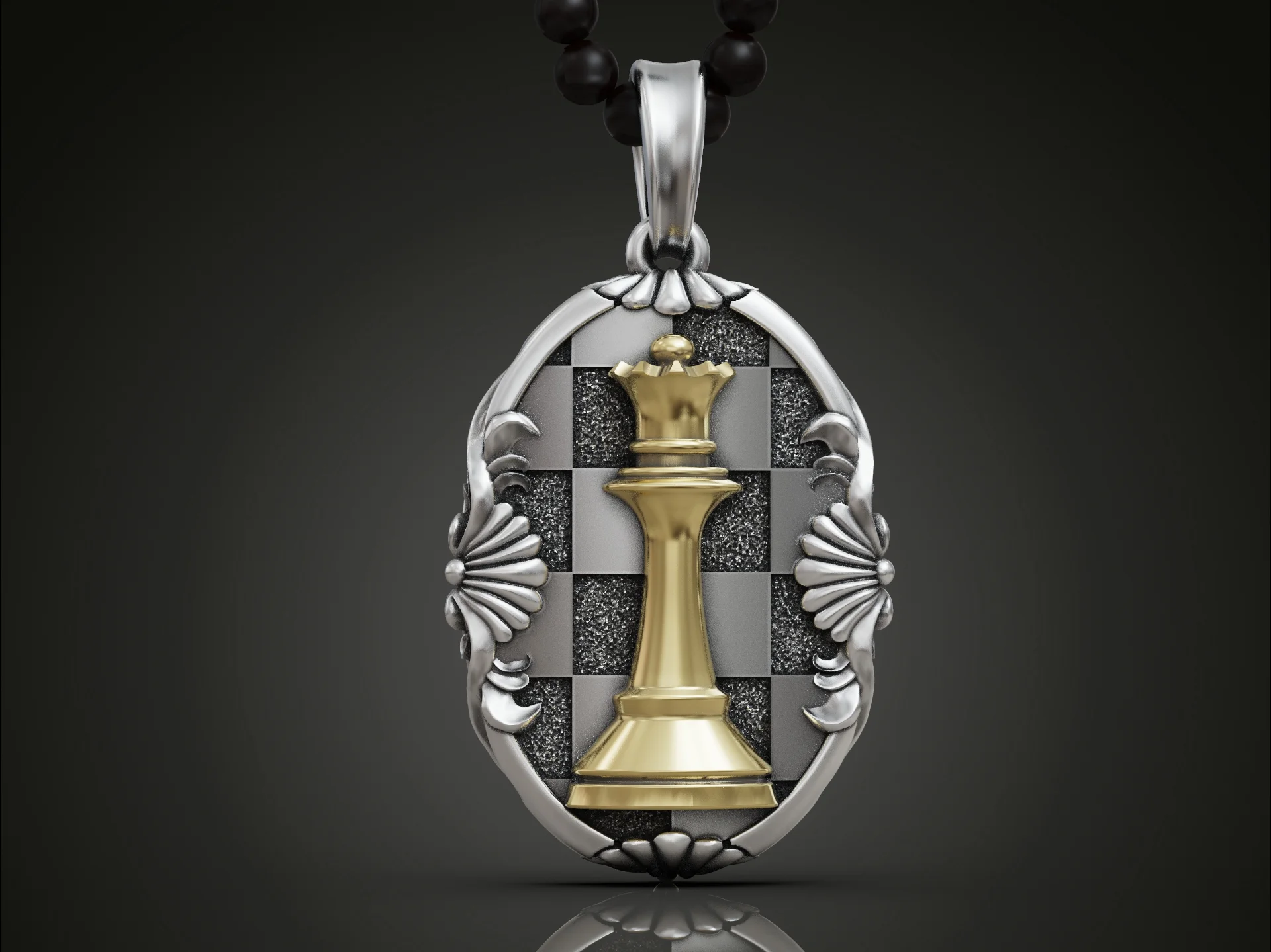 Ornate Chess Queen Pendant with Checkerboard Frame