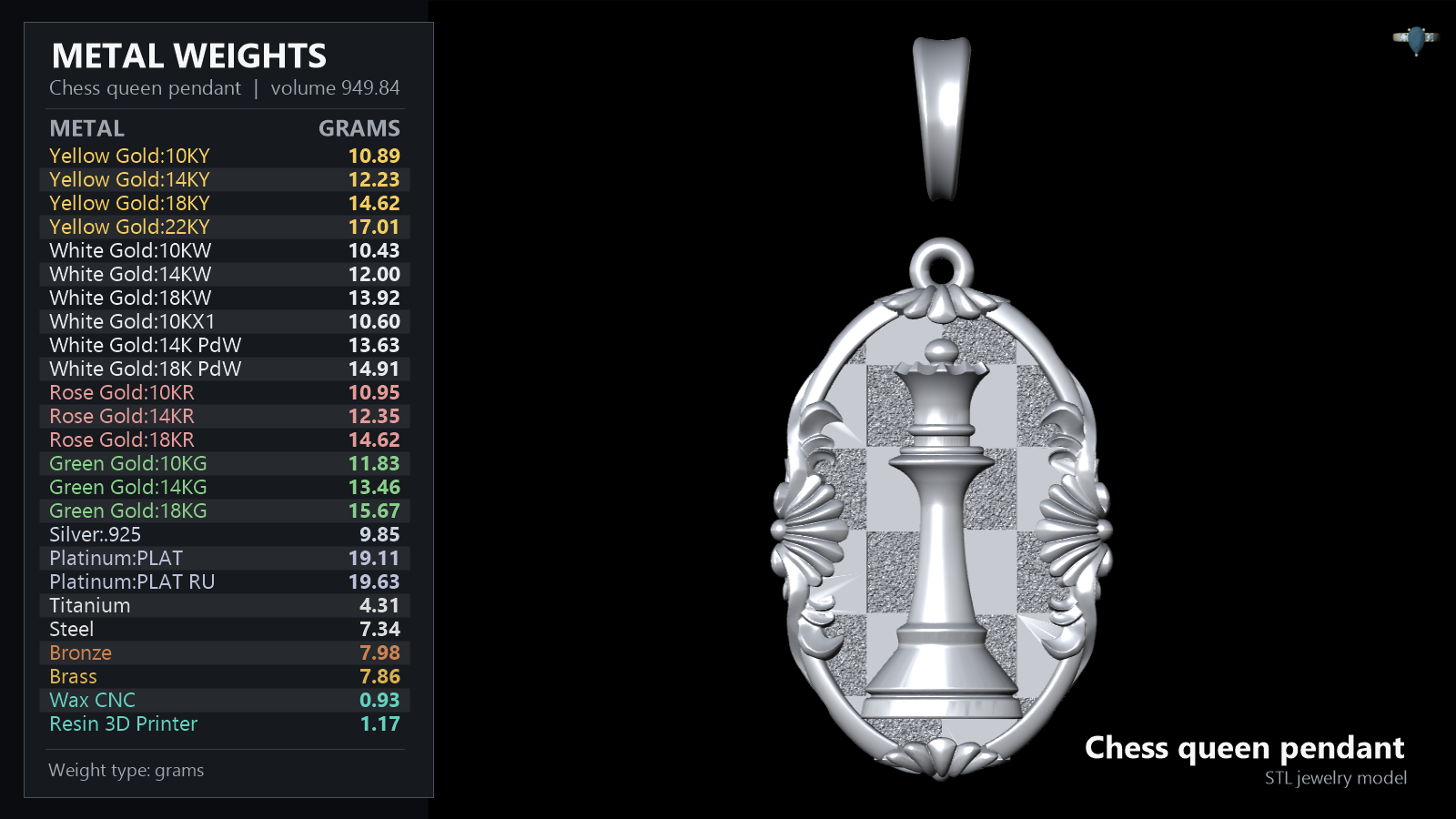 Ornate Chess Queen Pendant with Checkerboard Frame — view 3