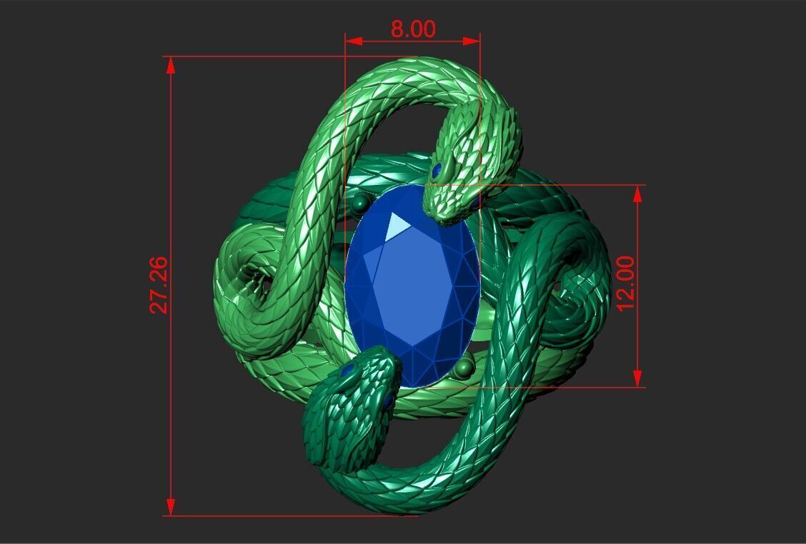 TWIN SERPENTS — Gemstone Ring | Jewelry 3D Model STL — view 7