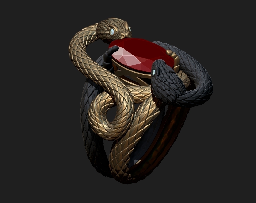 TWIN SERPENTS — Gemstone Ring | Jewelry 3D Model STL — view 5