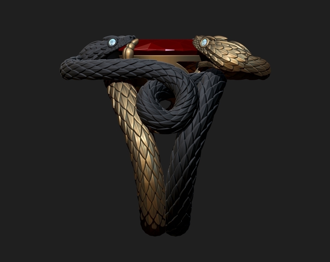 TWIN SERPENTS — Gemstone Ring | Jewelry 3D Model STL — view 4