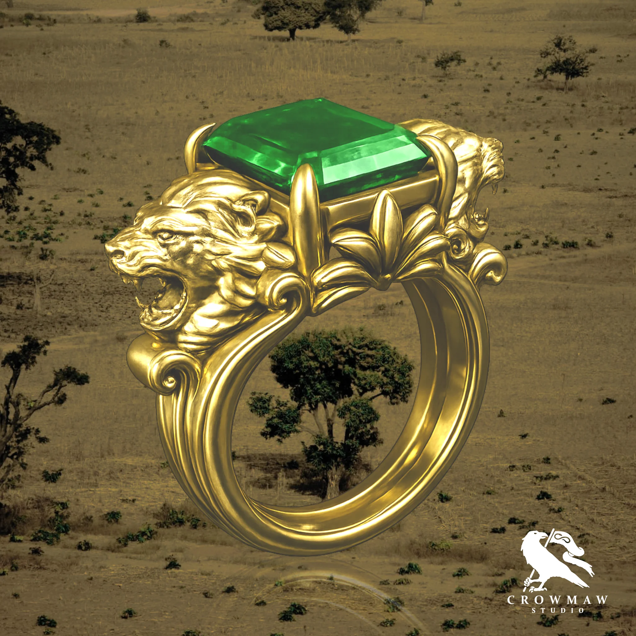 Lion Ring With center Emerald Cut