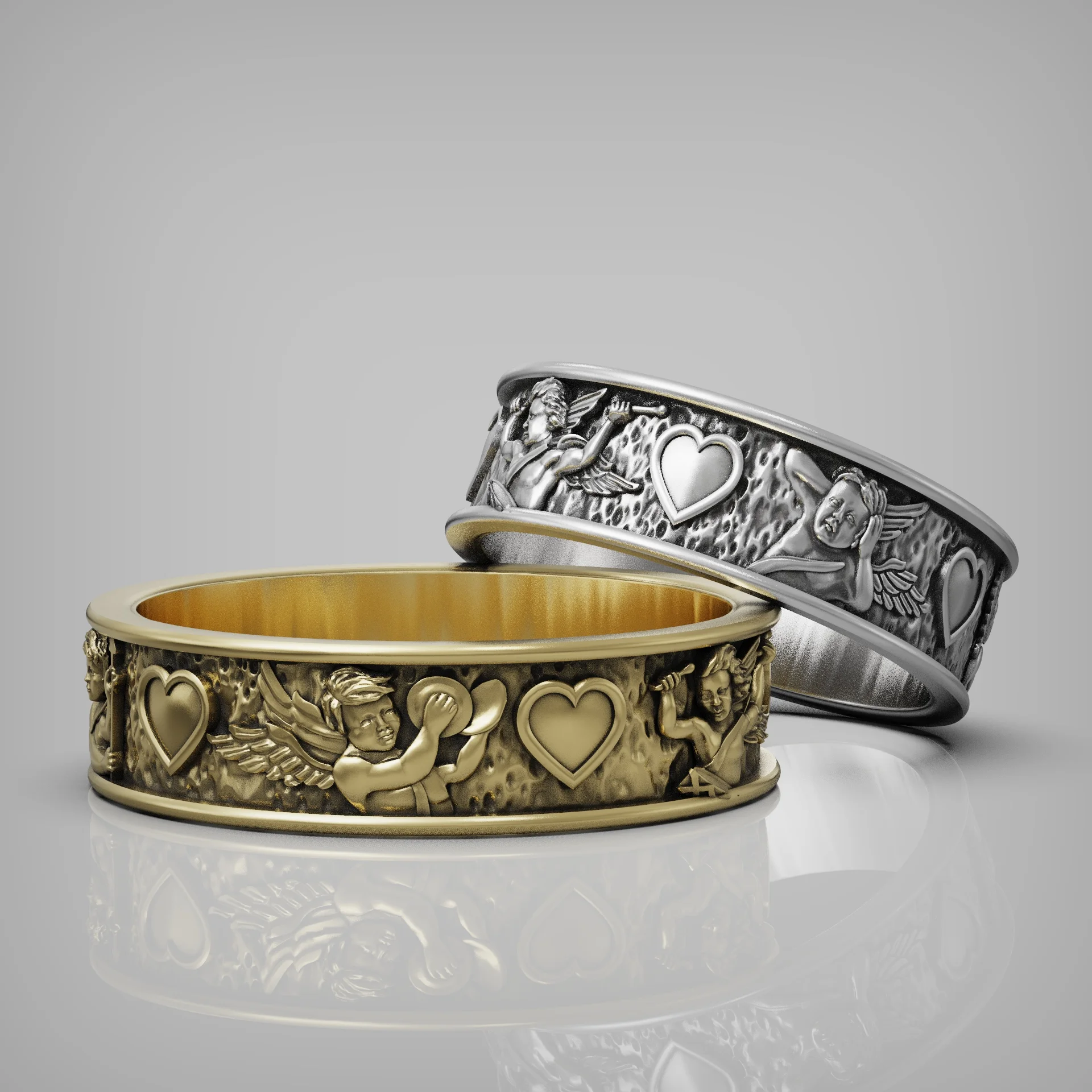 Romantic Cherub Interlocked Heart Rings — view 3