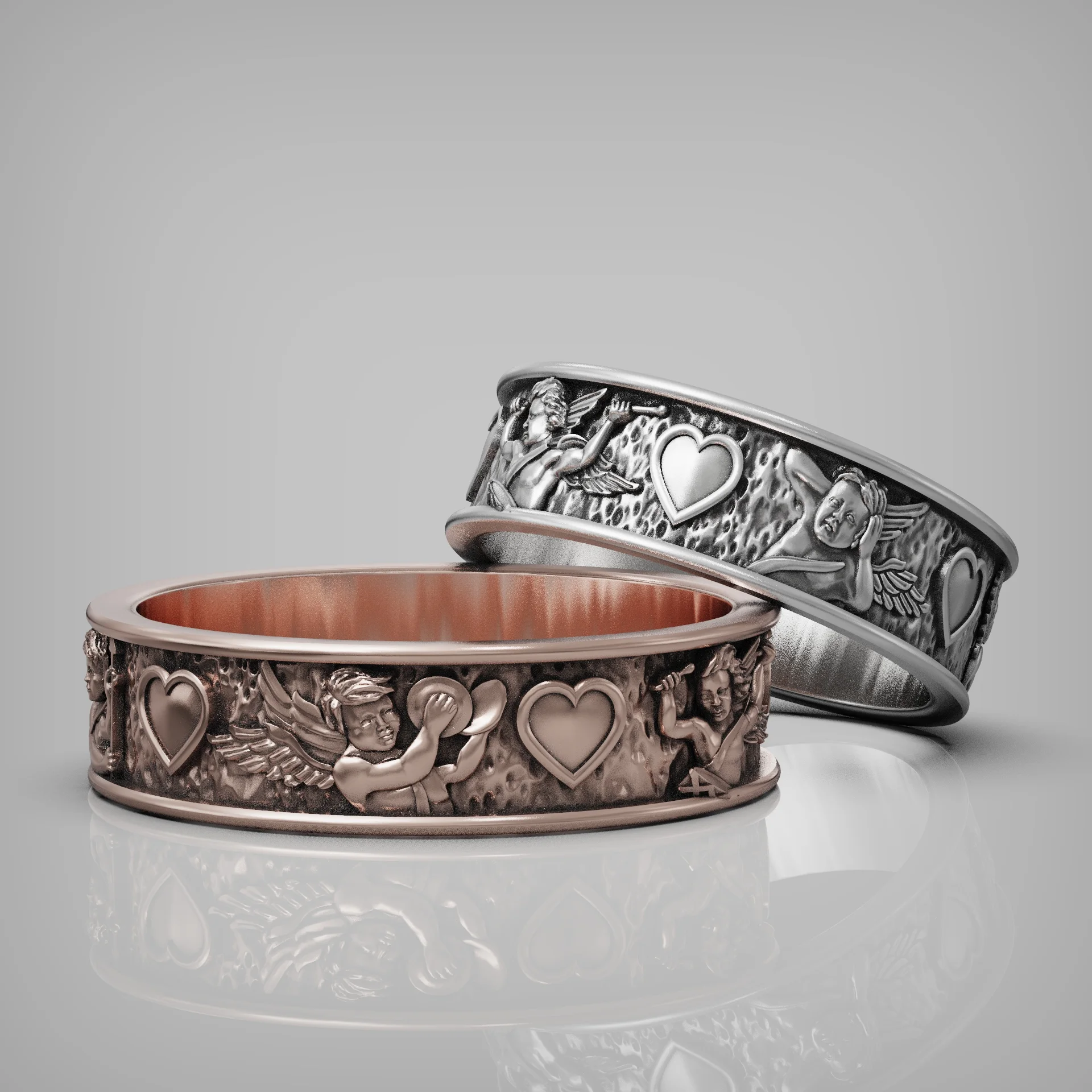 Romantic Cherub Interlocked Heart Rings — view 2