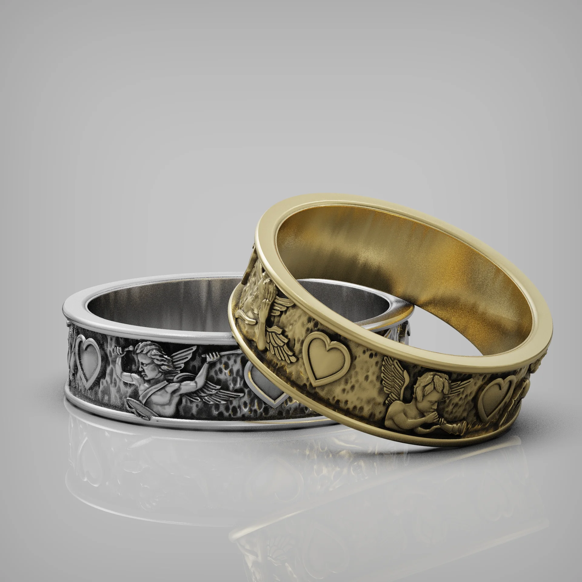 Romantic Cherub Interlocked Heart Rings — view 4