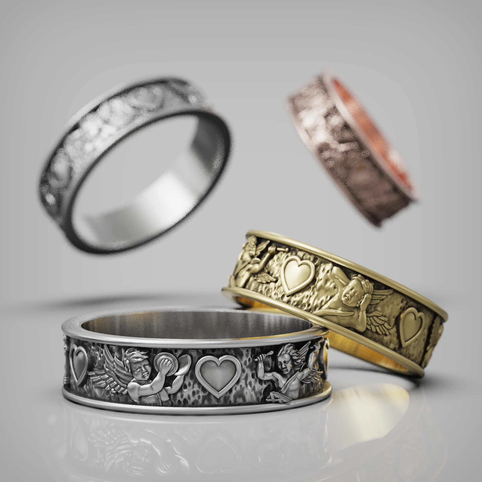 Romantic Cherub Interlocked Heart Rings
