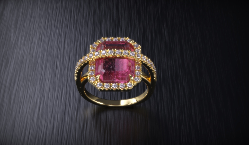 Elegant Pink Emerald Halo Split Shank Ring — view 3