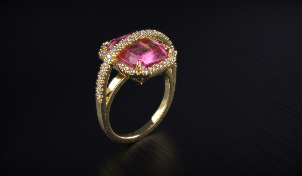 Elegant Pink Emerald Halo Split Shank Ring