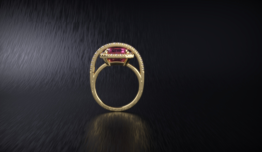 Elegant Pink Emerald Halo Split Shank Ring — view 2