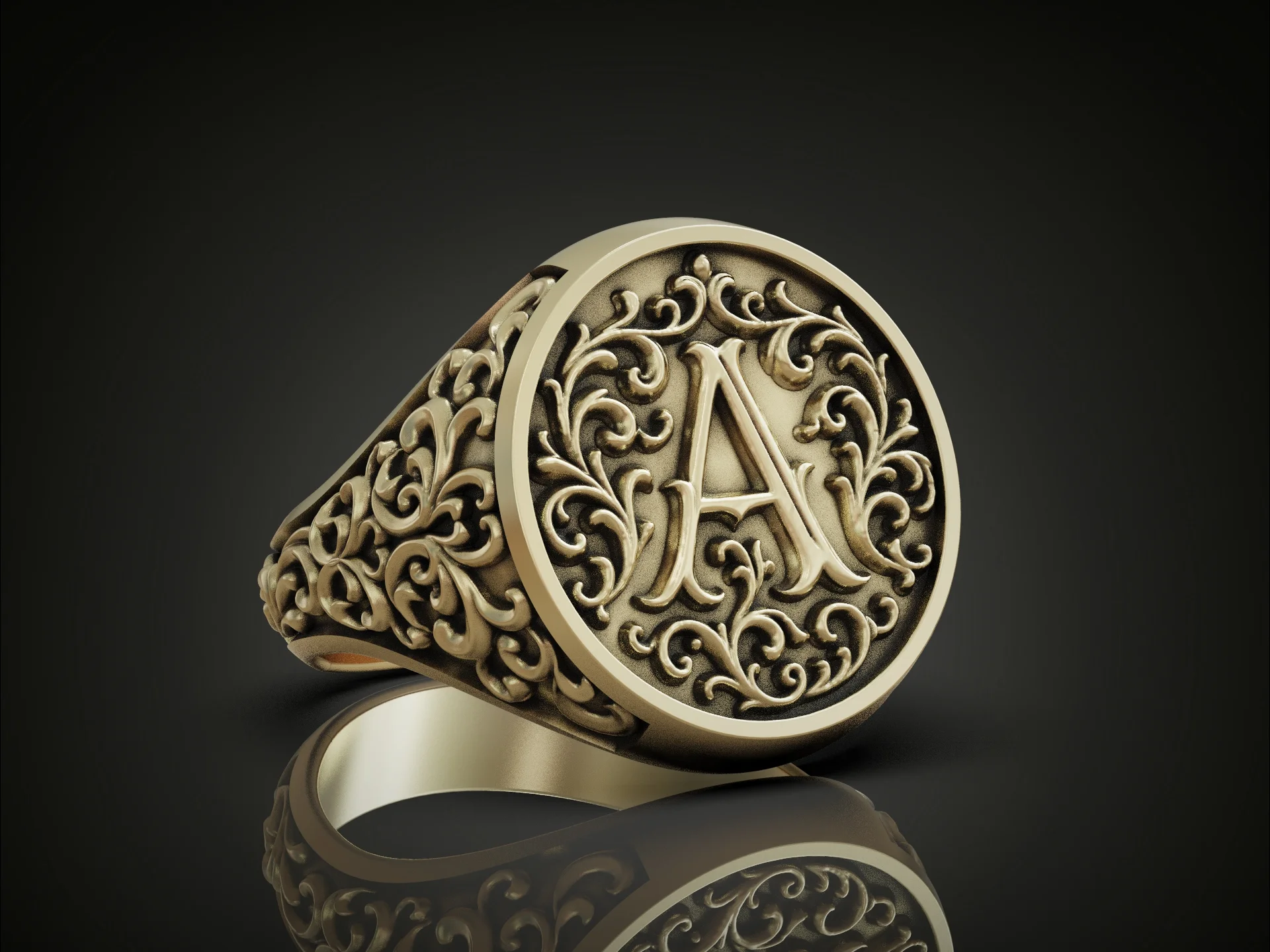 Baroque Initial A Ornate Signet Ring — view 3
