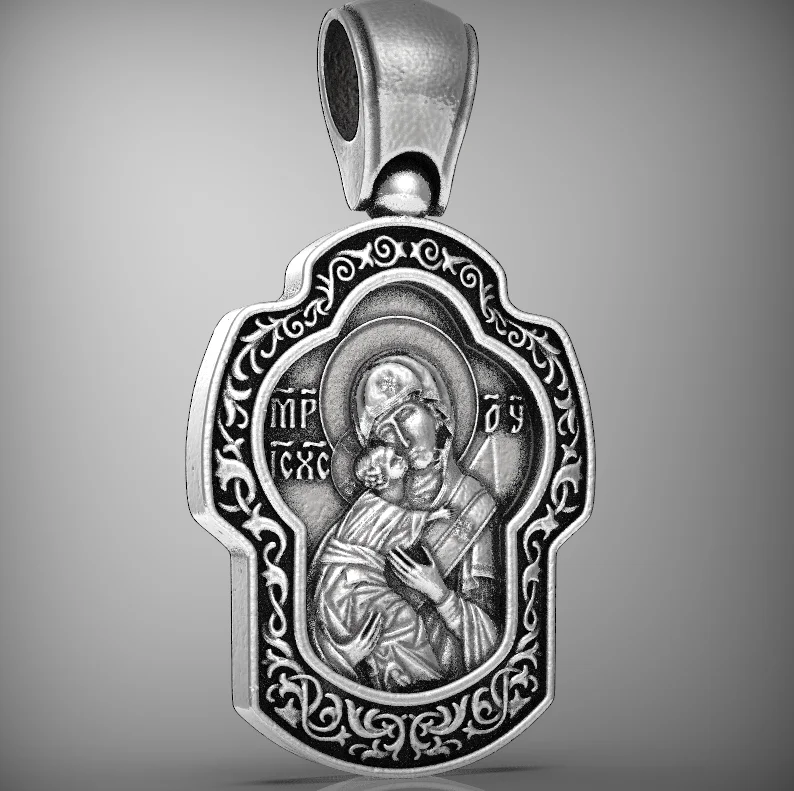 Orthodox Icon Pendant with Theotokos Relief and Scrollwork