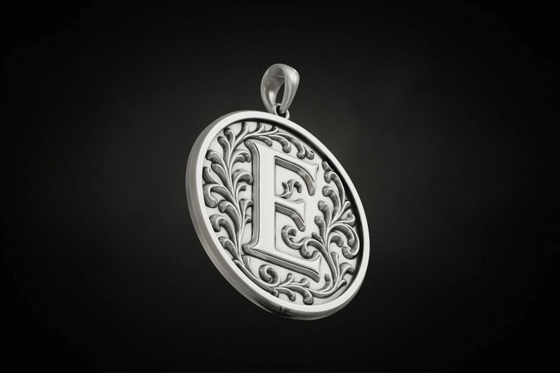 Ornate Letter E Initial Pendant with Acanthus Scrolls — view 2