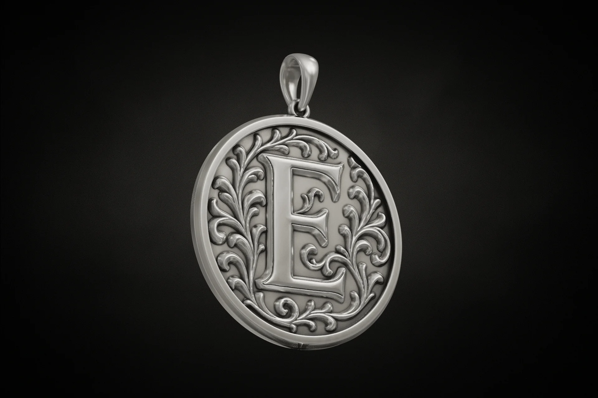 Ornate Letter E Initial Pendant with Acanthus Scrolls — view 3