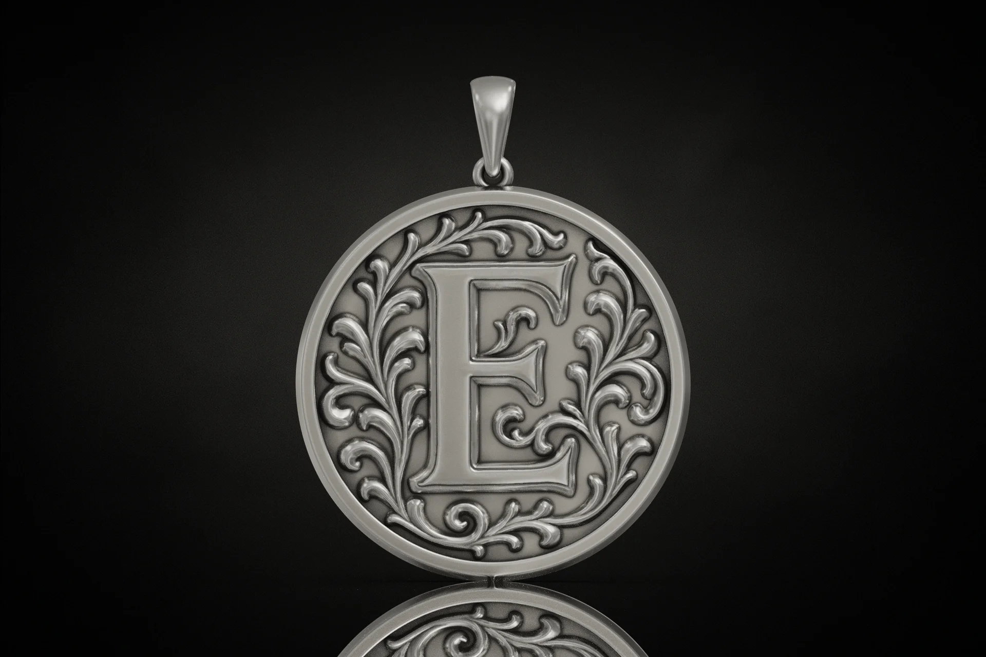 Ornate Letter E Initial Pendant with Acanthus Scrolls