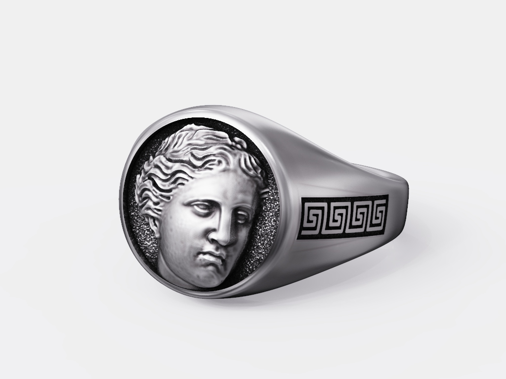 Venus Bust Relief Greek Key Signet Ring — view 3