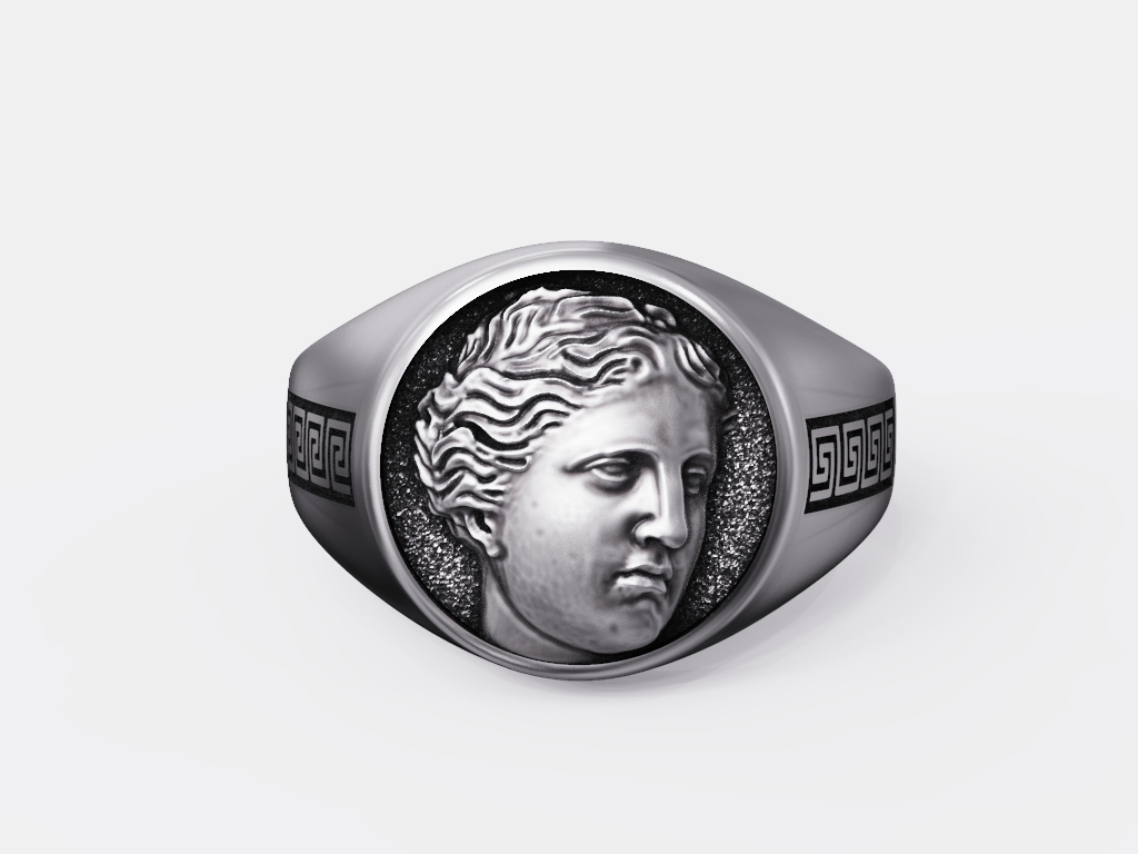 Venus Bust Relief Greek Key Signet Ring — view 4