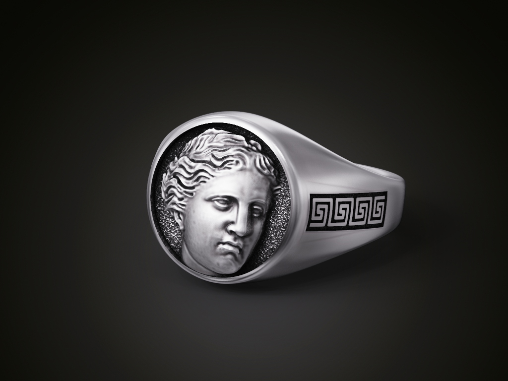 Venus Bust Relief Greek Key Signet Ring — view 2
