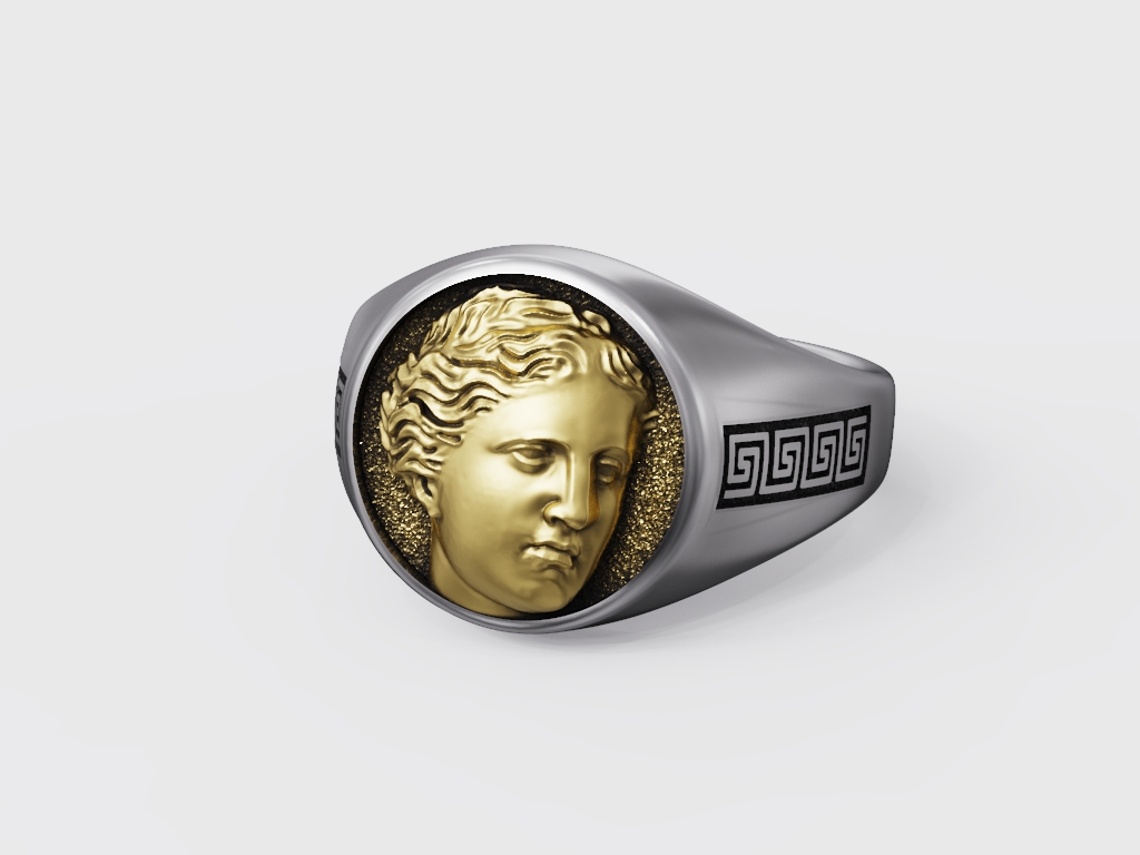 Venus Bust Relief Greek Key Signet Ring — view 5