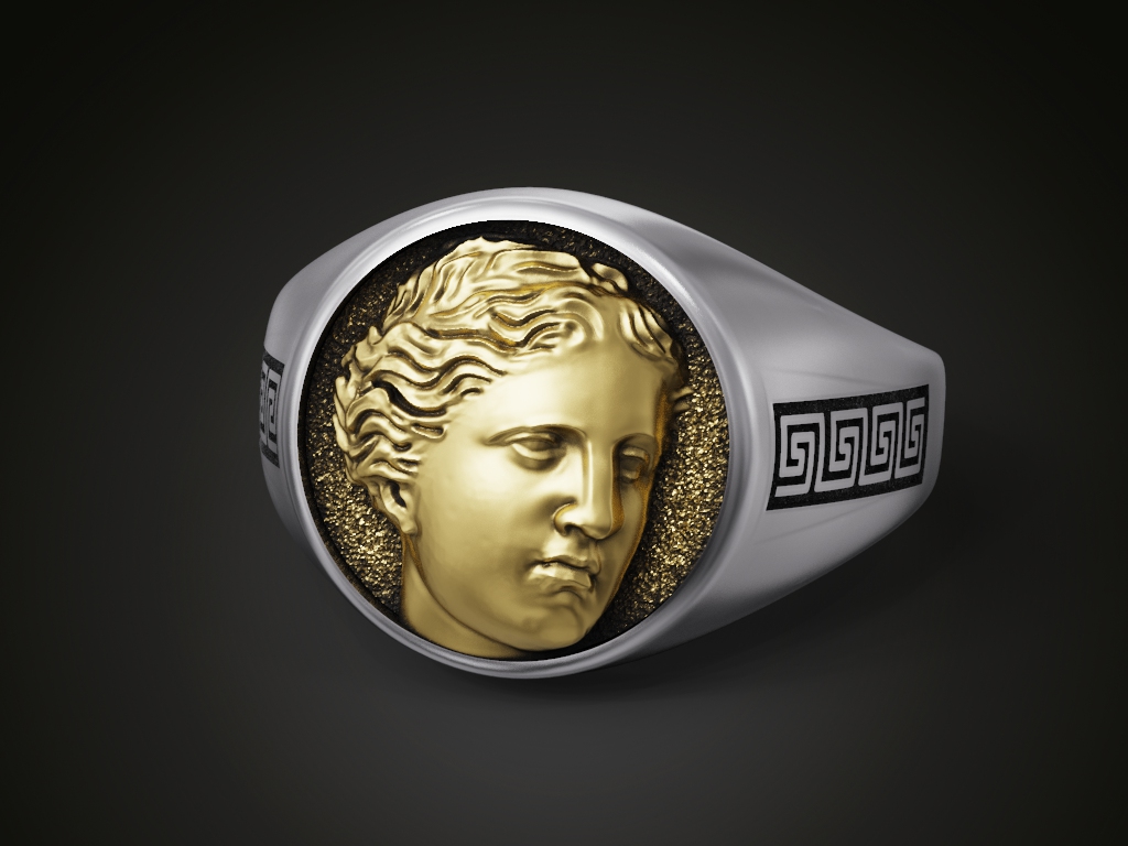 Venus Bust Relief Greek Key Signet Ring