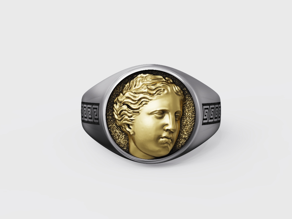 Venus Bust Relief Greek Key Signet Ring — view 6